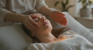 Jeune femme détendue pendant une séance d'hypnose pour apaiser l'anxiété chronique et le système nerveux hypervigilant