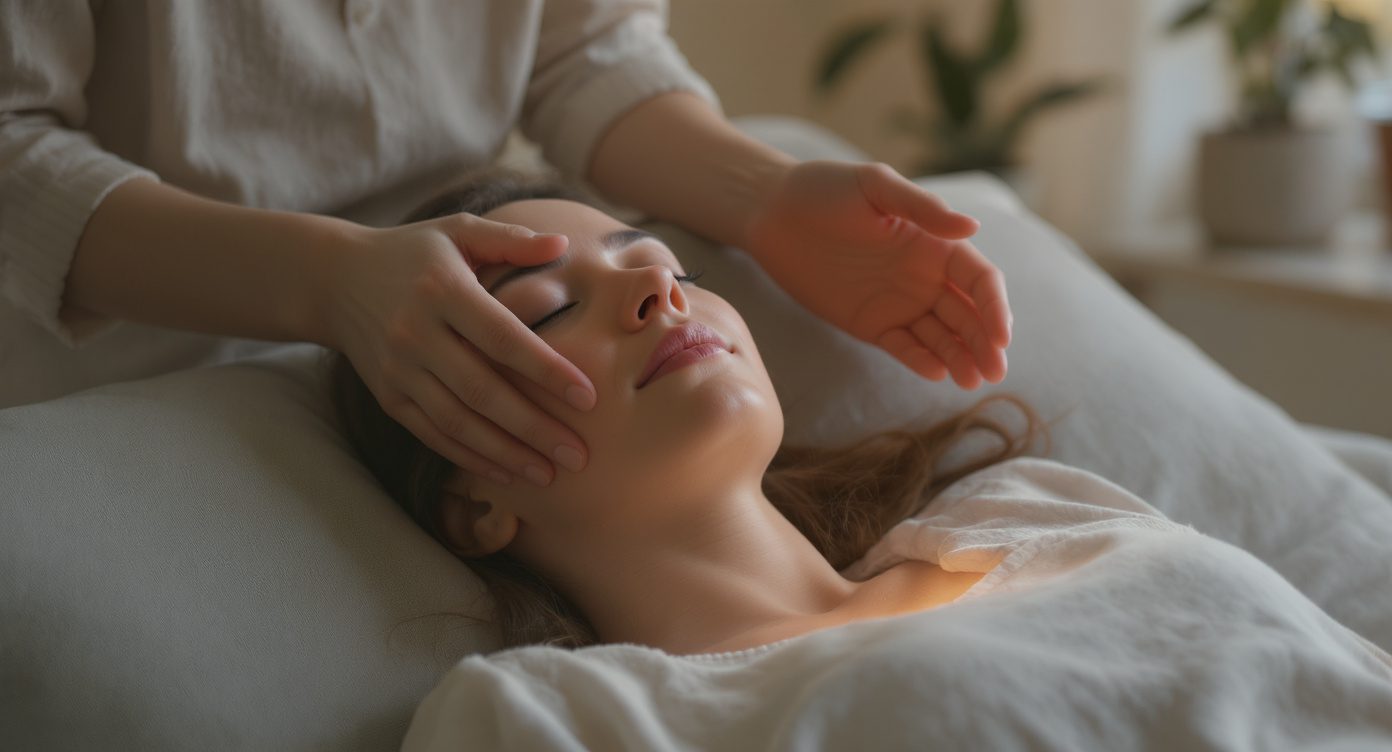 Femme allongée en séance d’HypnoMassage à Paris 7, mains du praticien posées sur le front
