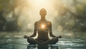 Silhouette en méditation, lumière au niveau du cœur, symbole de la régulation émotionnelle par l'hypnose