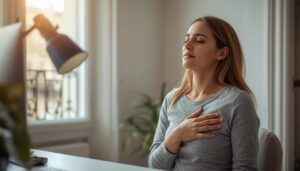 Femme posant les mains sur sa poitrine et son ventre pour écouter les signaux corporels du stress, hypnose Paris 7.