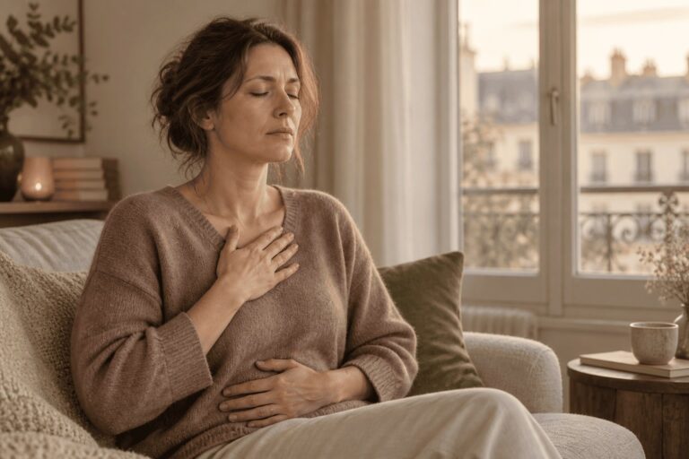 Hypnose et anxiété : femme apaisant sa respiration dans un intérieur parisien